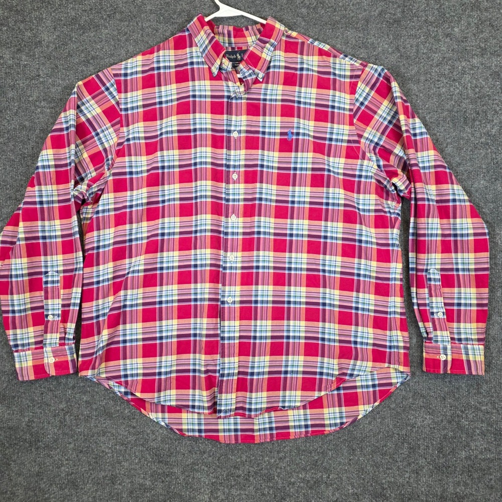 Ralph Lauren Button Down Shirt Mens XXL Pink Plaid Classic Fit Long Sleeve